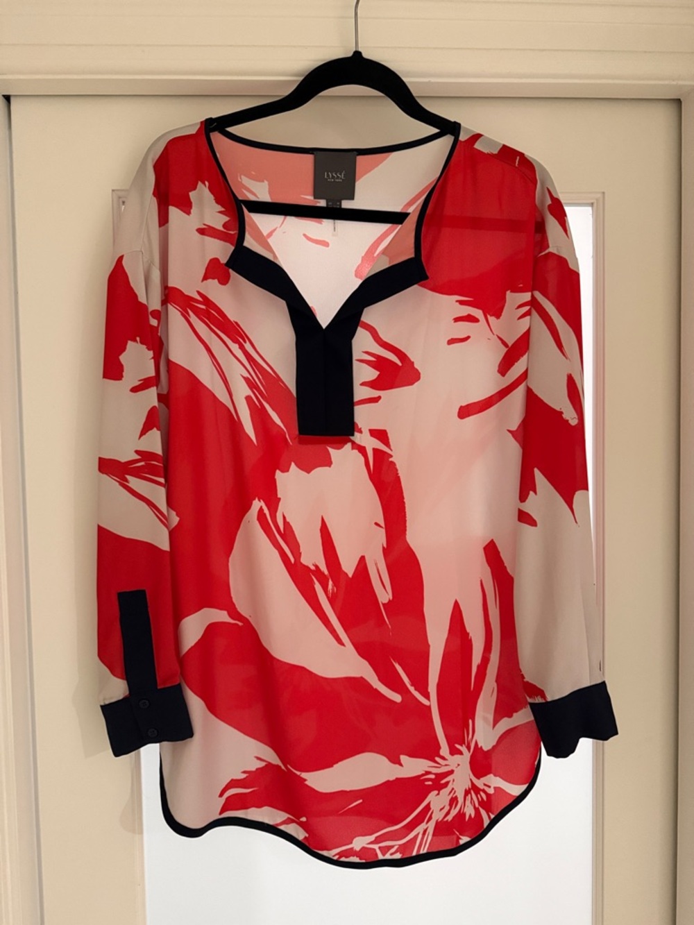 Lysse Red and Cream Floral Split-Neck Blouse with Black Trim